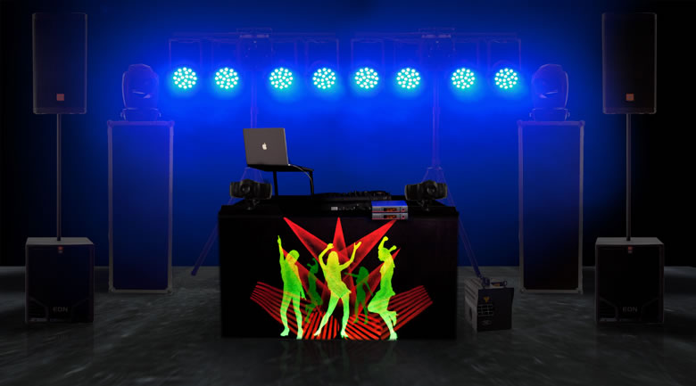 DJ Night Life Sound- und Licht-Setup mit blau beleuchteter Bühne